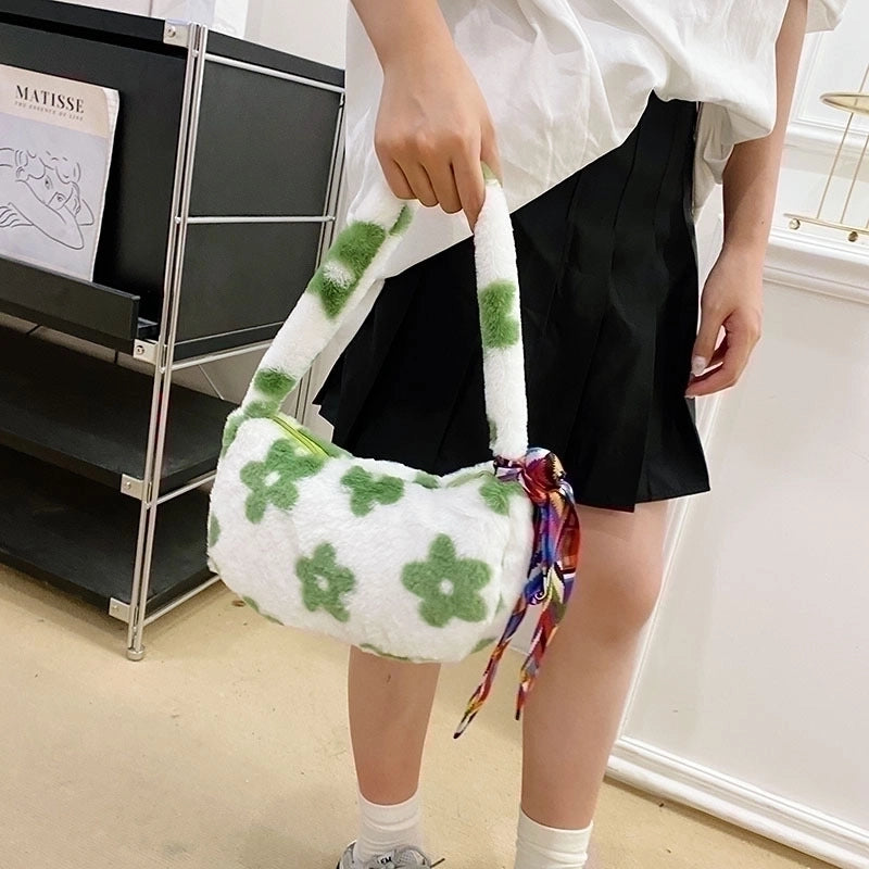 Women's Small Summer Velvet Flower Classic Style Pillow Shape Zipper Shoulder Bag