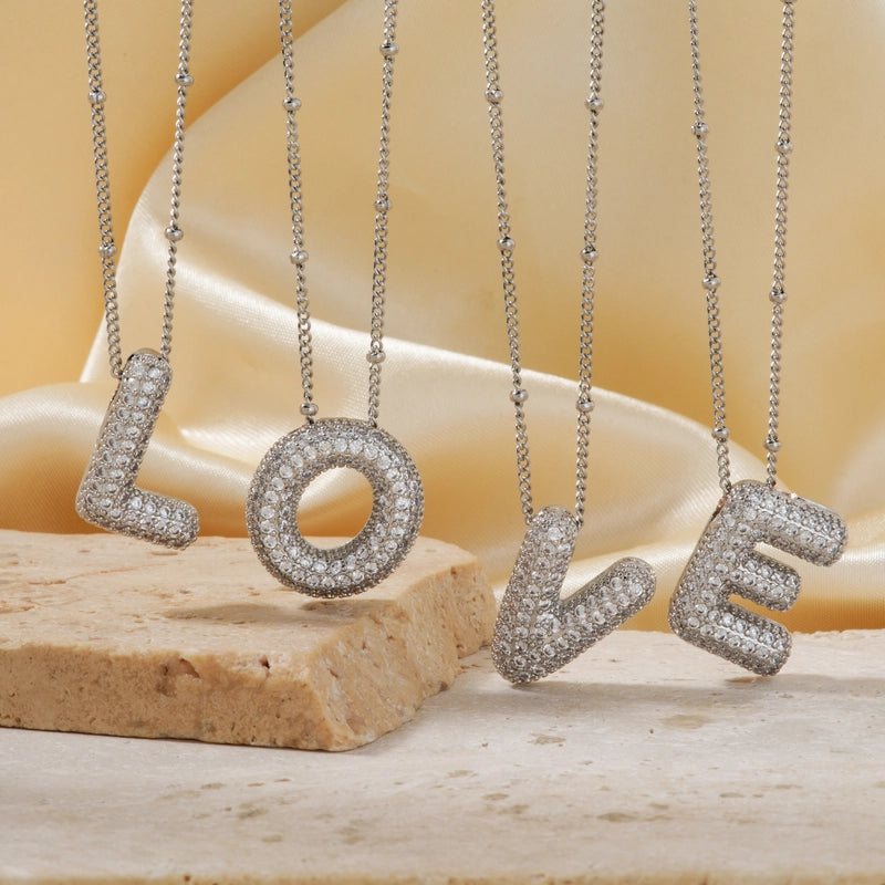 304 Stainless Steel Copper Rhodium Plated Three-dimensional Inlay Letter Zircon Pendant Necklace
