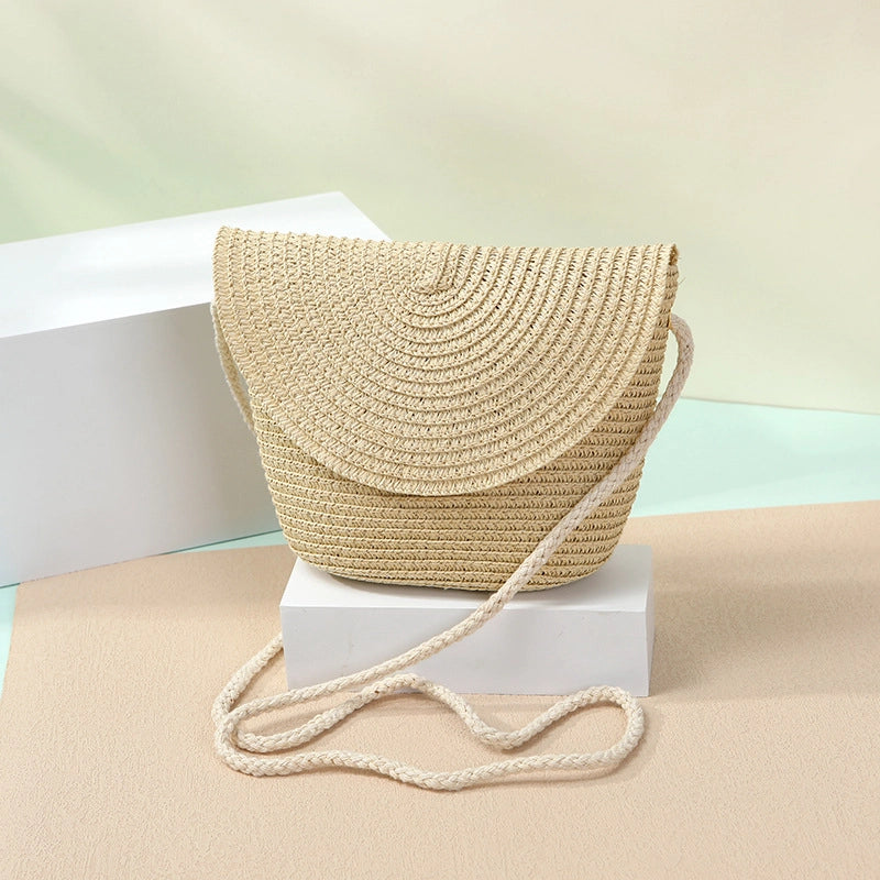 Women's Straw Solid Color Beach Weave Square Zipper Flip Cover Straw Bag
