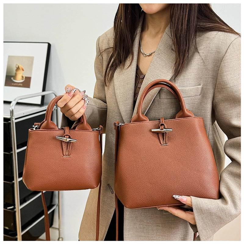 Women's Pu Leather Solid Color Classic Style Sewing Thread Bucket Zipper Lock Clasp Crossbody Bag