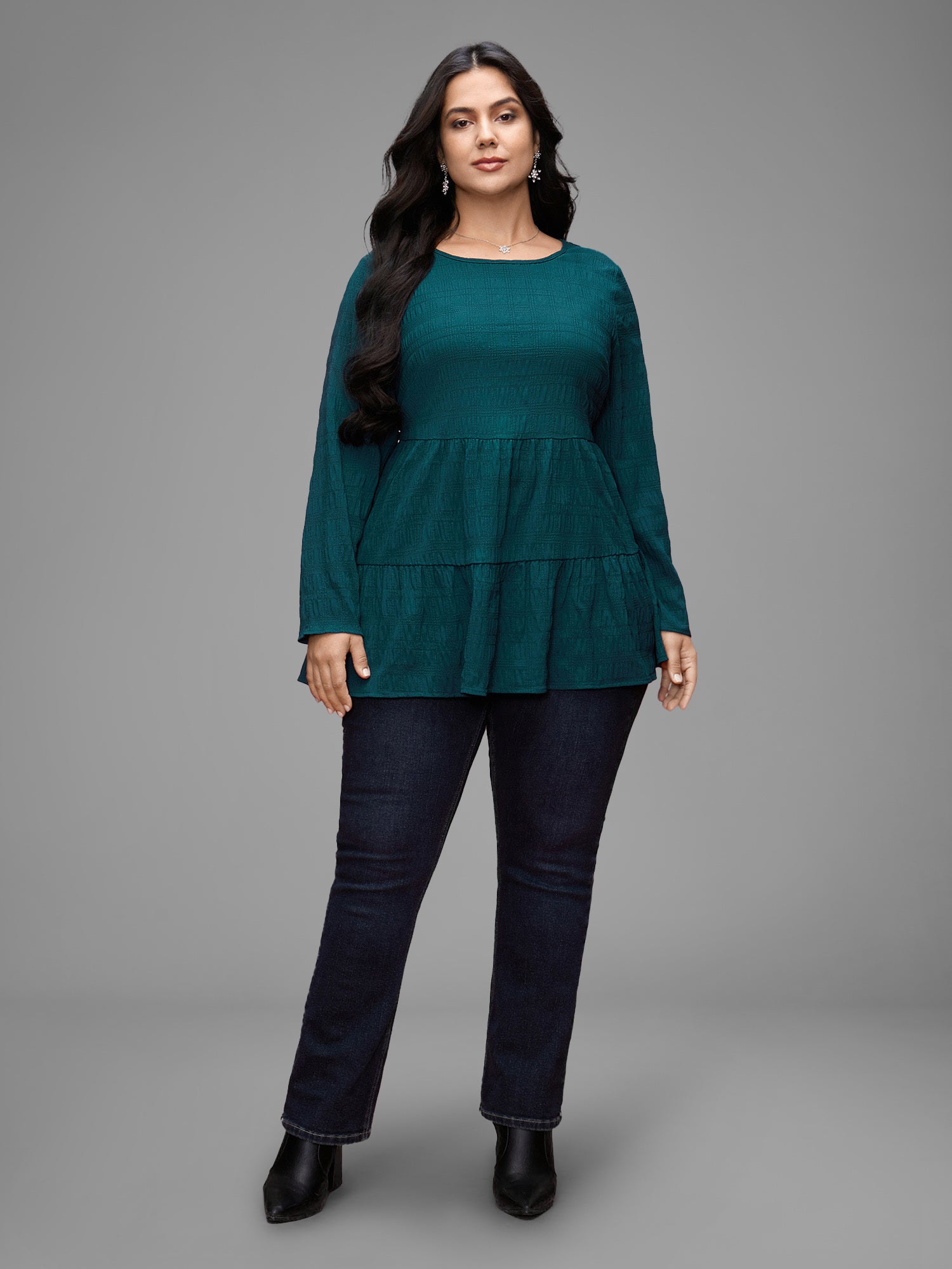 Textured Round Neck Tiered Hem Blouse