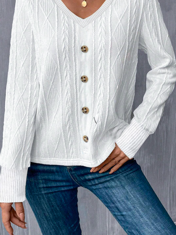 Casual V Neck Plain Sweatshirt Jacquard