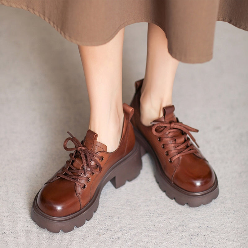 British Style 55mm Chunky Platform Oxford Shoes Cow Leather Lace-Up Loafers in Black/Brown