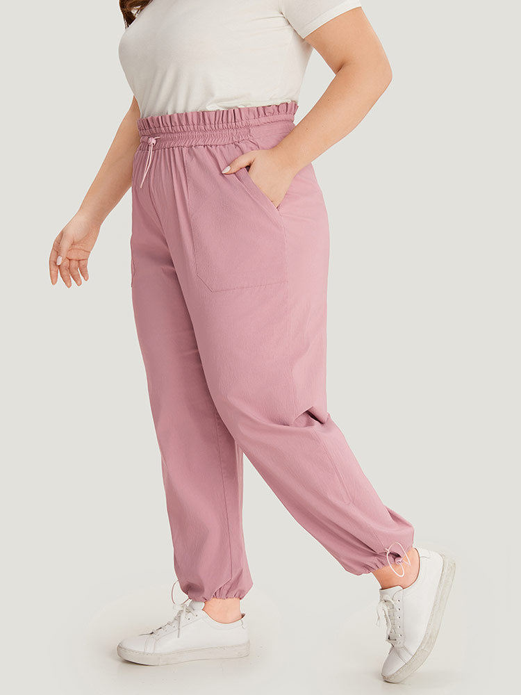 Plain Paperbag Waist Drawstring Hem Slant Pocket Pants