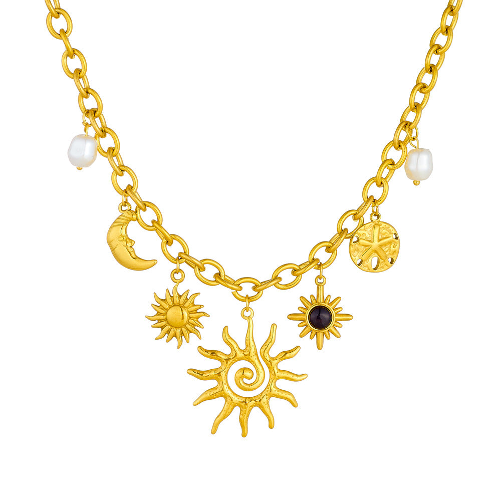 Fashion Gold Plated Stainless Steel Sun Moon Gemstone Pearl Accessories Pendant Chain Necklace