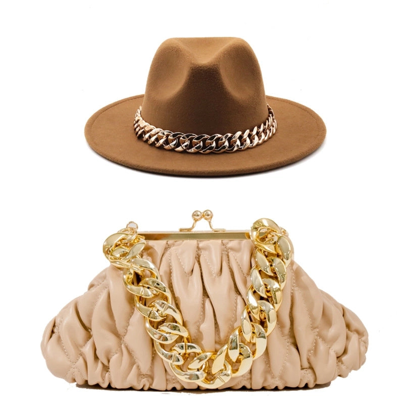 Women's British Style Solid Color Chain Flat Eaves Fedora Hat