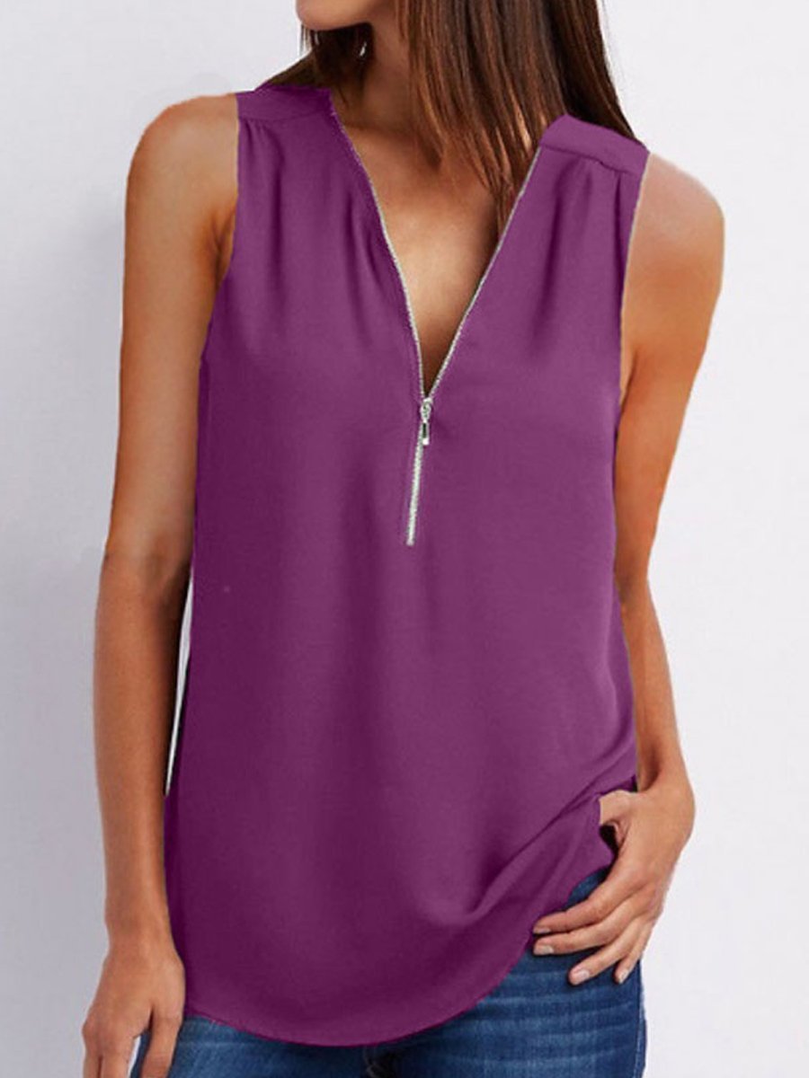 V-Neck  Zips  Plain  Sleeveless Tops