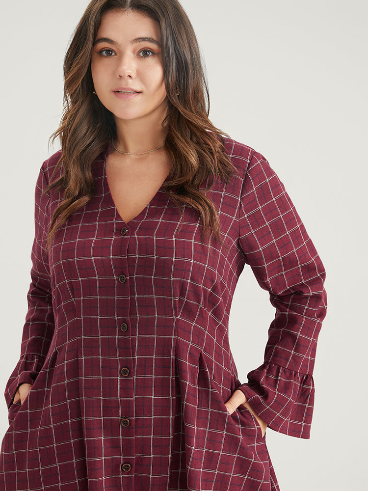 Gingham Pocket Button Up Bell Sleeve V Neck Dress Without Belt