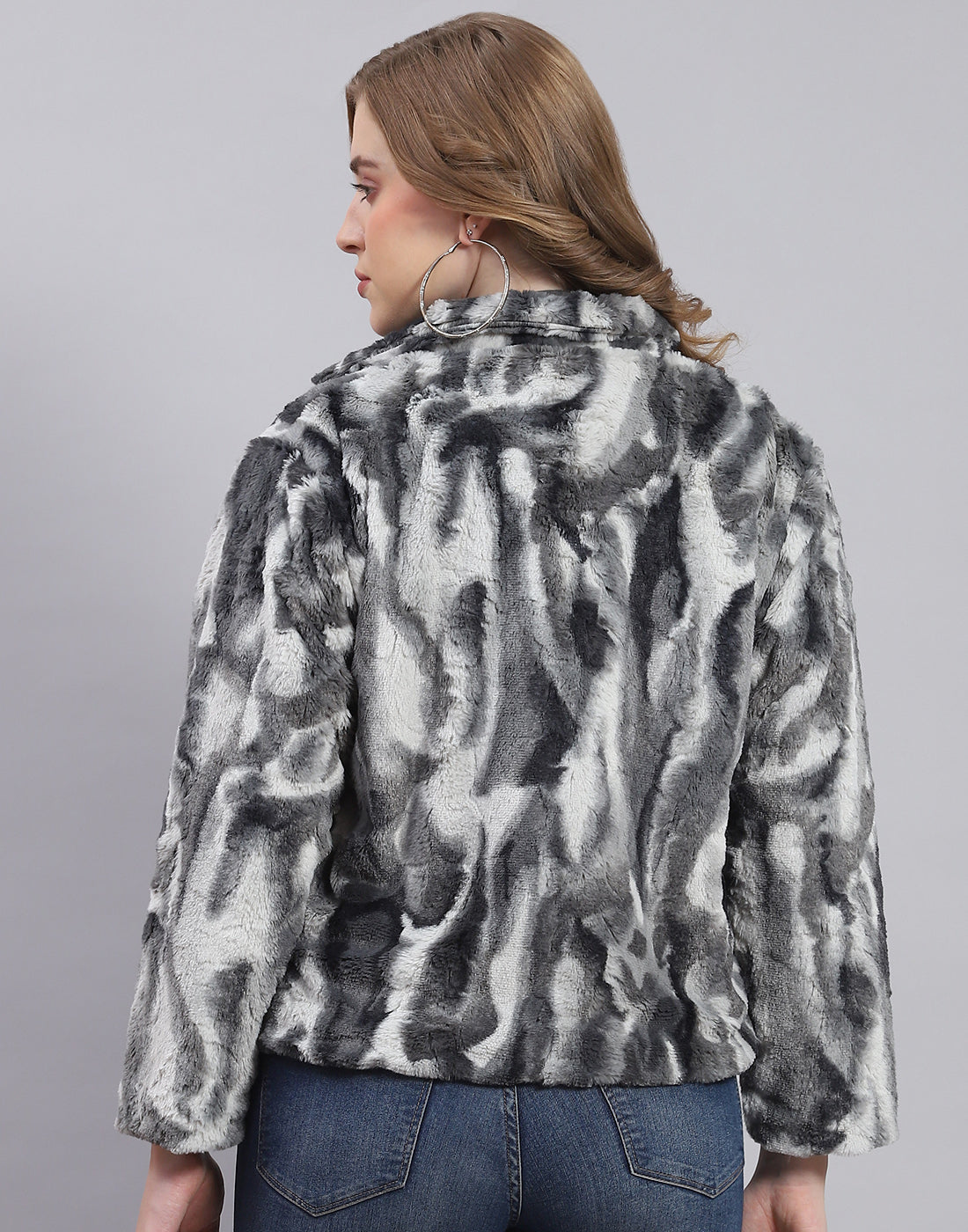 Women Grey Printed Stand Collar Full Sleeve Jacket