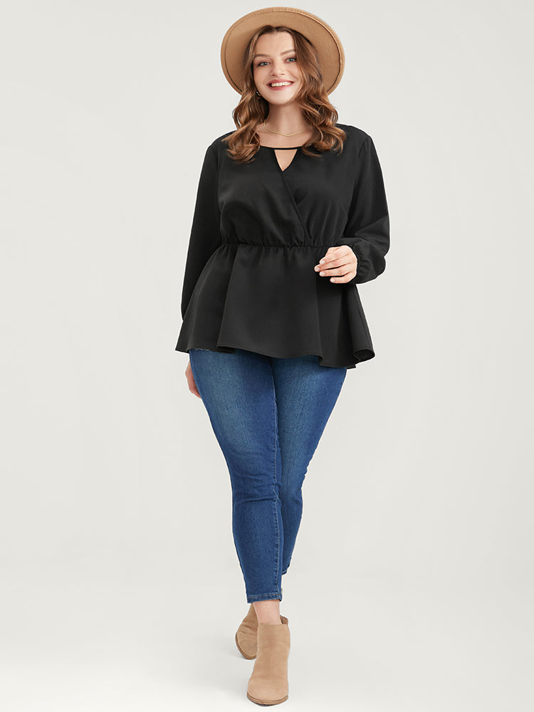Solid Lantern Sleeve Keyhole Round Neck Ruffle Blouse