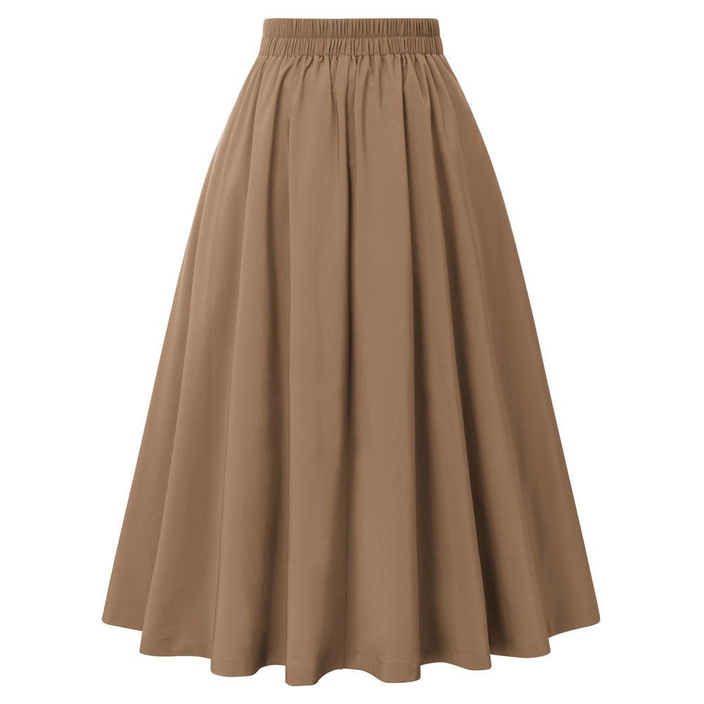 Leaf Patterns Pleated Buttons Decorated Elastic Waist High Waist Swing A-Line Skirt with Pockets
