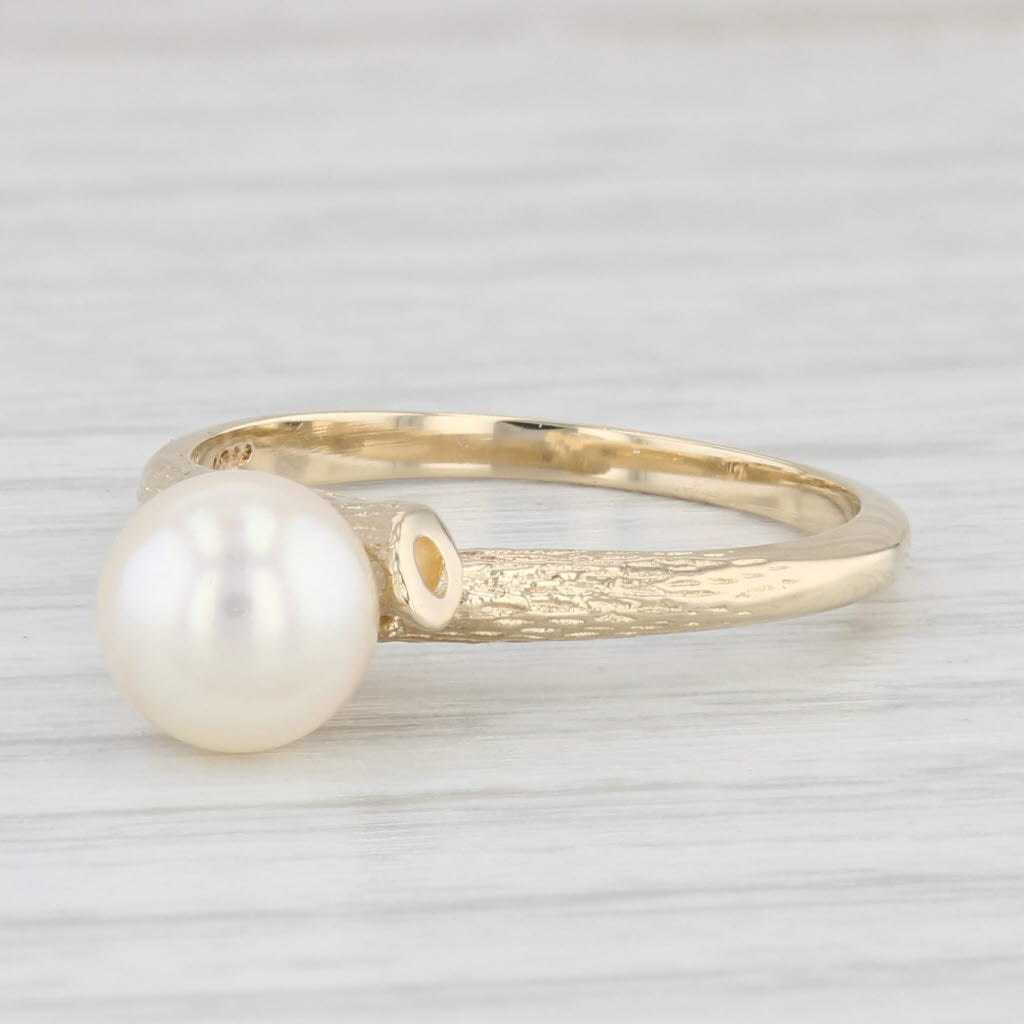 Cultured Pearl Solitaire Ring 10k Yellow Gold Size 6.25 Woodgrain Etched Band
