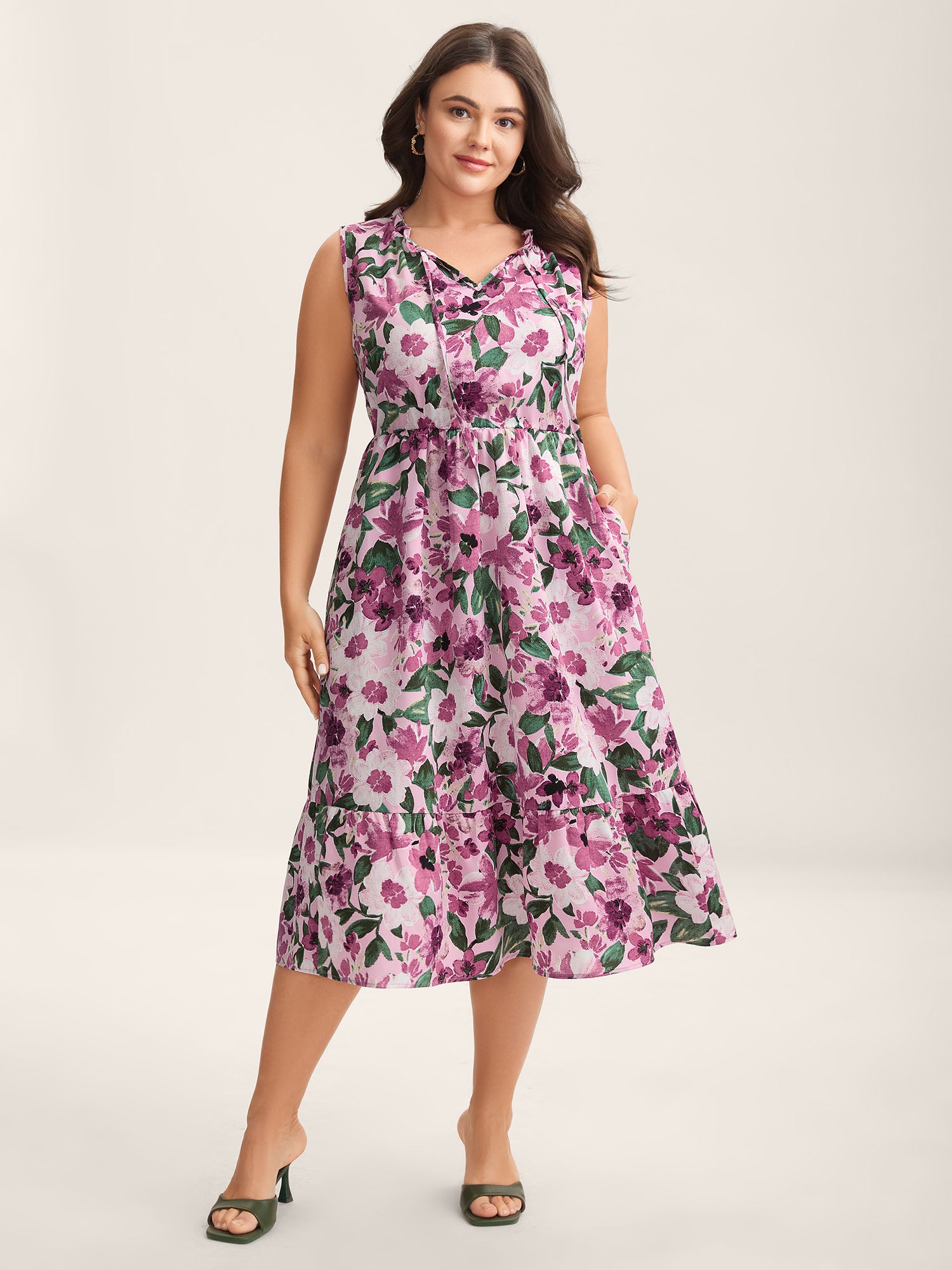 Floral Print Cinched-Waist Pockets Midi Dress