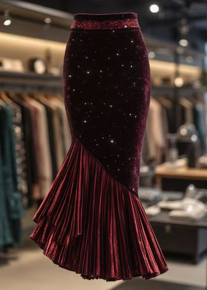 Slim Fit Red Wrinkled High Waist Velour Fishtail Skirts Spring