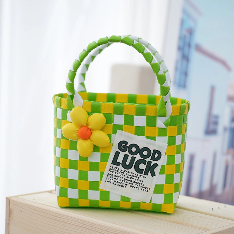 Women's PVC Color Block Plaid Vacation Weave Square Open Square Bag