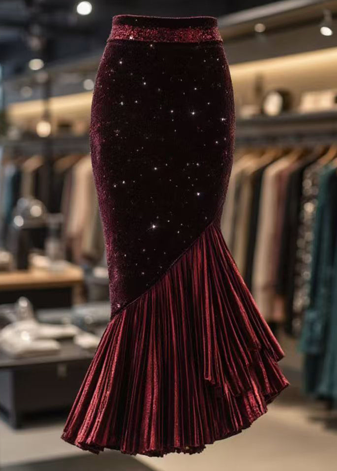 Slim Fit Red Wrinkled High Waist Velour Fishtail Skirts Spring