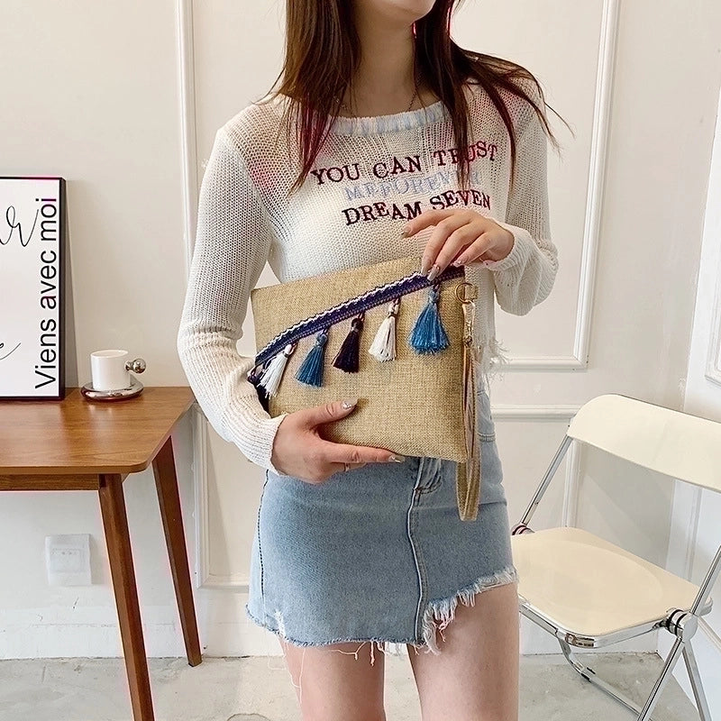 Red Blue Straw Tassel Solid Color Square Evening Bags
