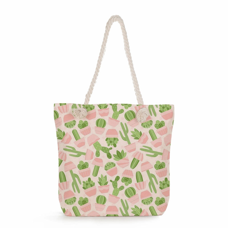 Women's Cotton And Linen Cactus Classic Style Square Zipper Tote Bag