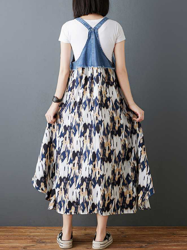 Loose Plus Size Flower Print Pockets Split-Joint Spaghetti-Neck Maxi Dresses Suspender Dress