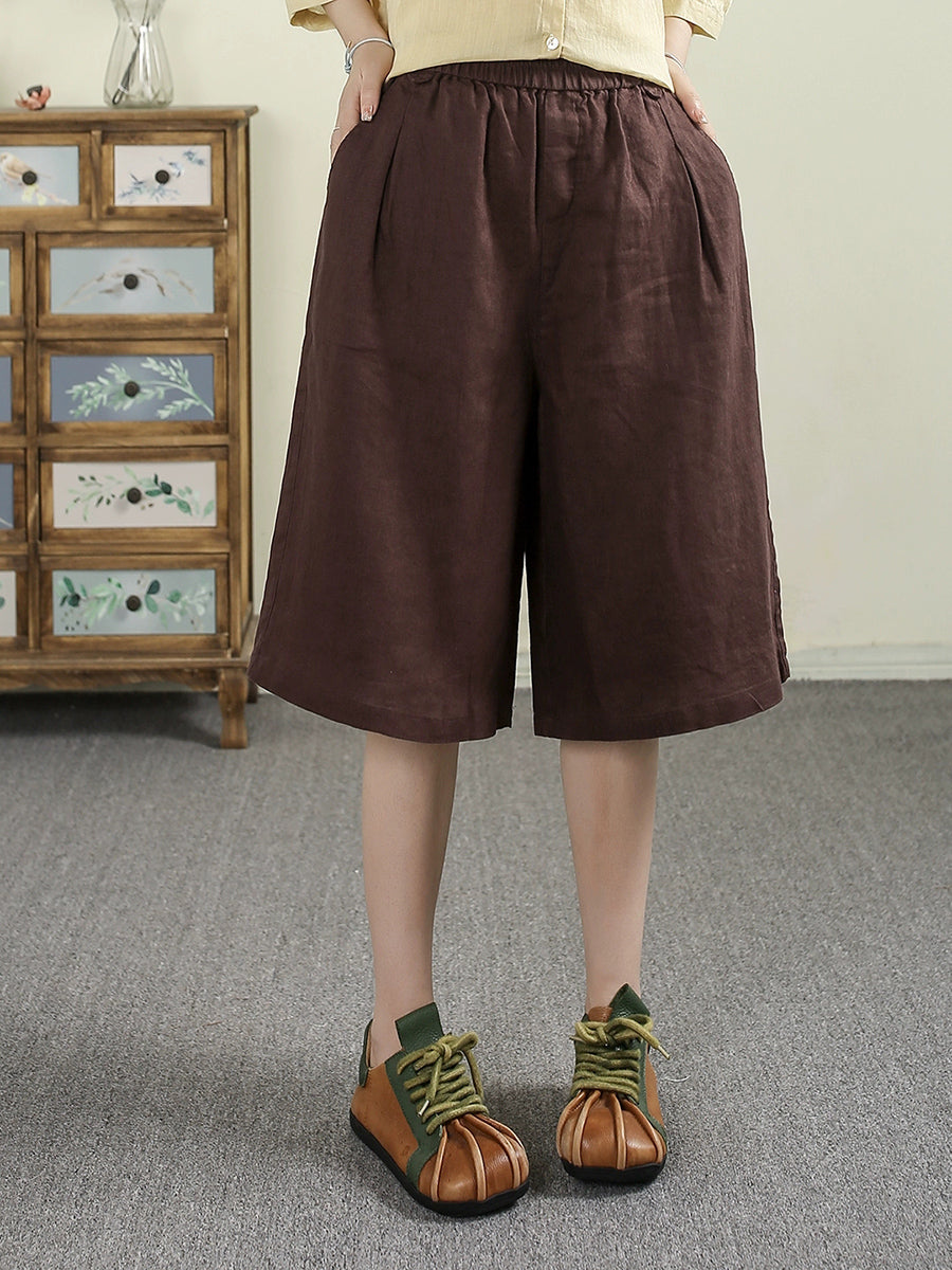 Women Summer Pure Color 100%Linen Wide-leg Fifth Pants