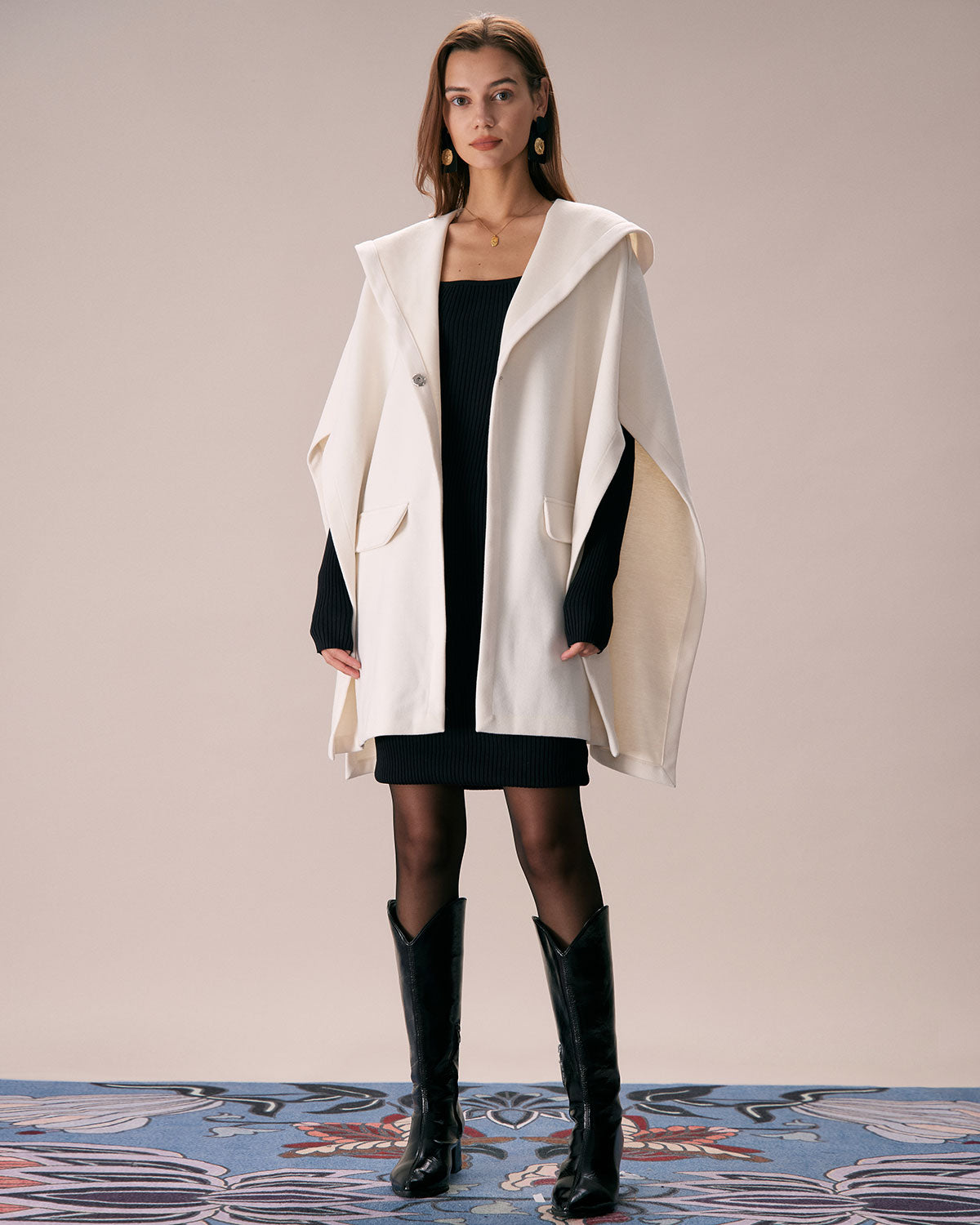 The White Hooded Batwing Sleeve Cape Coat