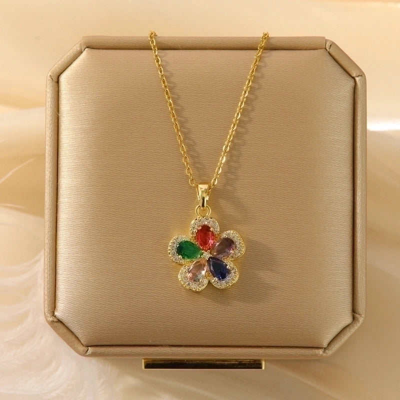 3 Pieces Lady Heart Shape Flower Titanium Steel Plating Inlay Zircon Gold Plated Pendant Necklace