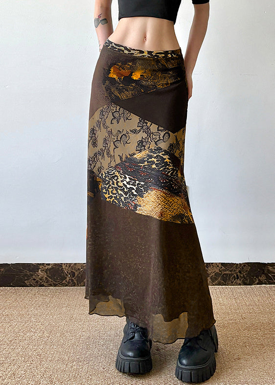 Retro Brown Print High Waist Patchwork Tulle Skirt Summer
