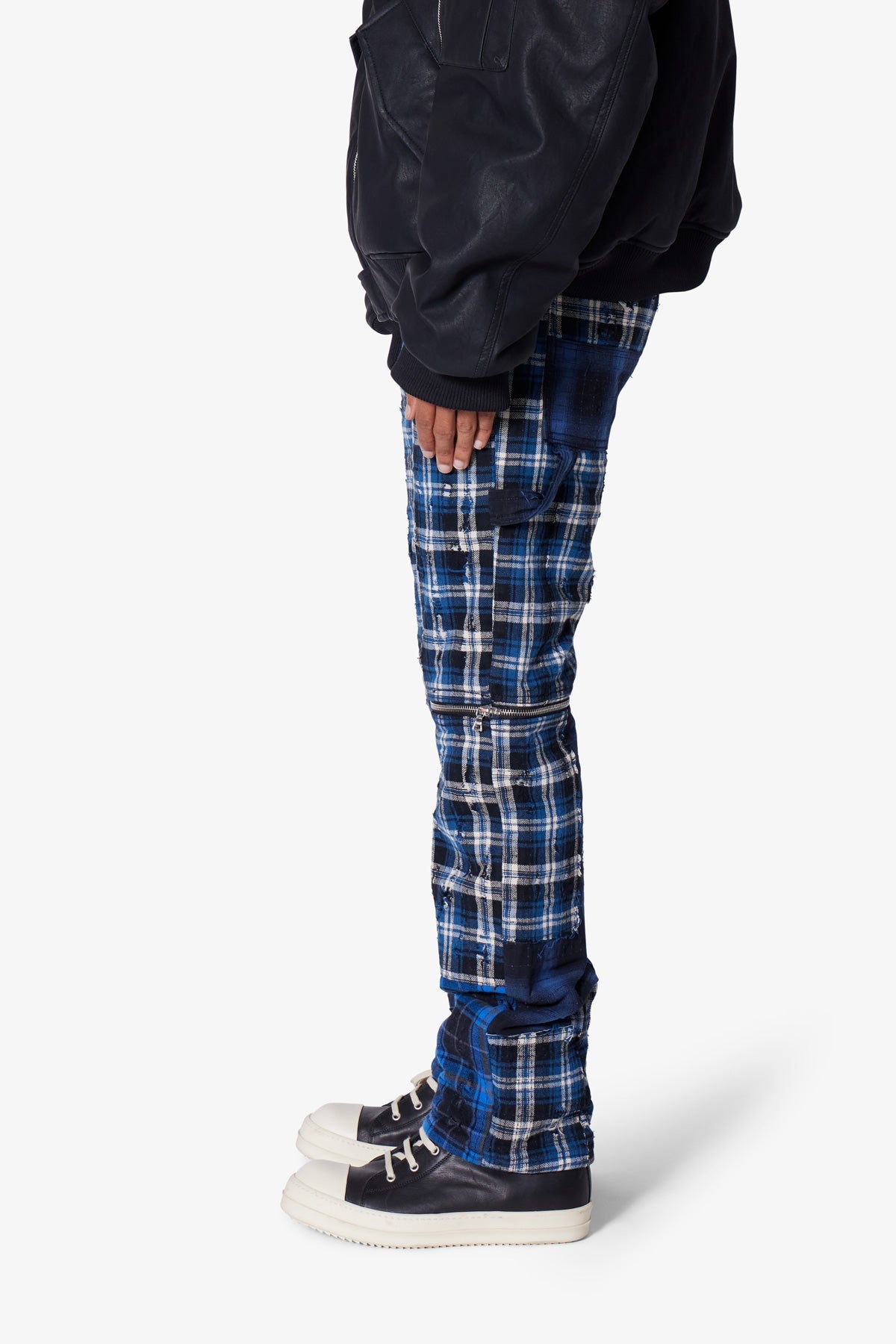 V703 Baggy Flannel Zipper Denim - Blue