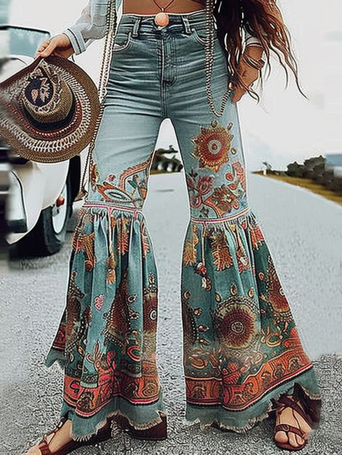 Ursime High Waist Boho Print Bell Bottom Pants