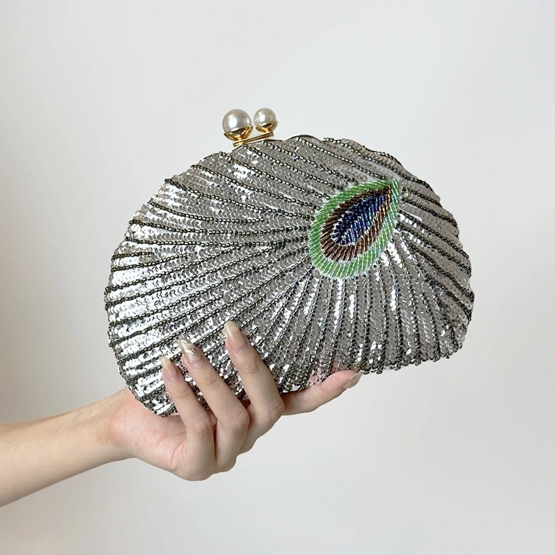 Blue Black Gold Metal Feather Beading Sequins Shell Evening Bags