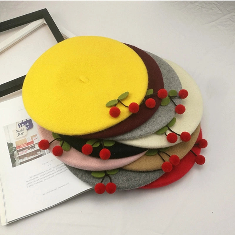 2 Pieces Women's Elegant Pastoral Cherry Eaveless Beret Hat