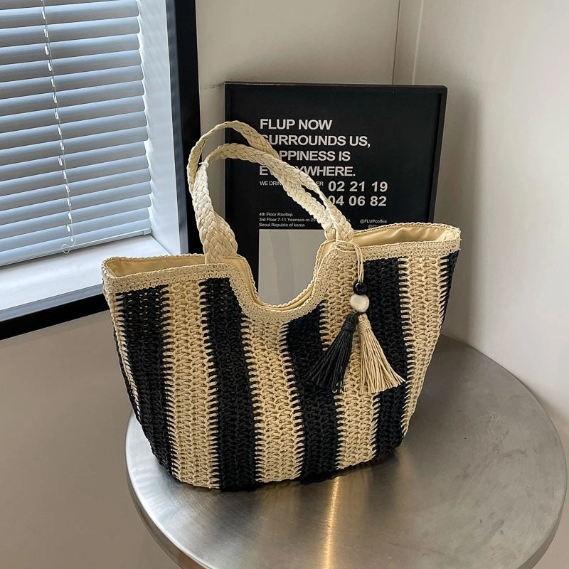 Women's Medium Straw Stripe Beach Classic Style Weave Bucket Zipper Straw Bag
