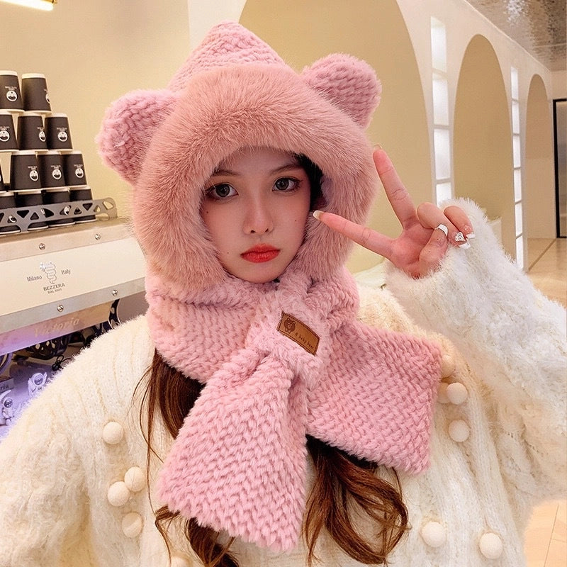 Cute Bear Ears Plush Hat Scarf Integrated Female Autumn And Winter Cycling Warm All-Matching Mask Ear Protection Scarf
