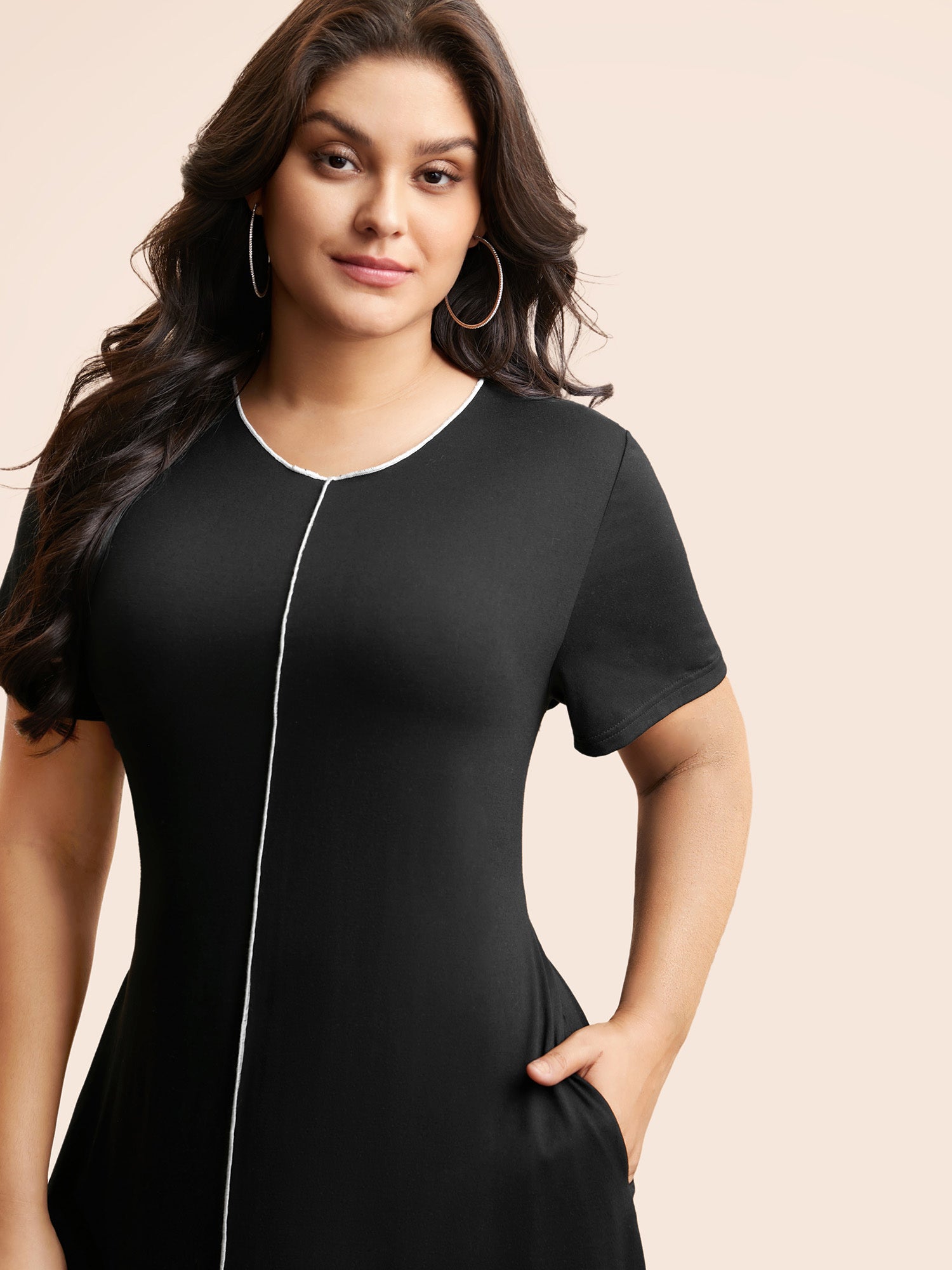 Round Neck Contrast Topstitching Slit Hem Dress