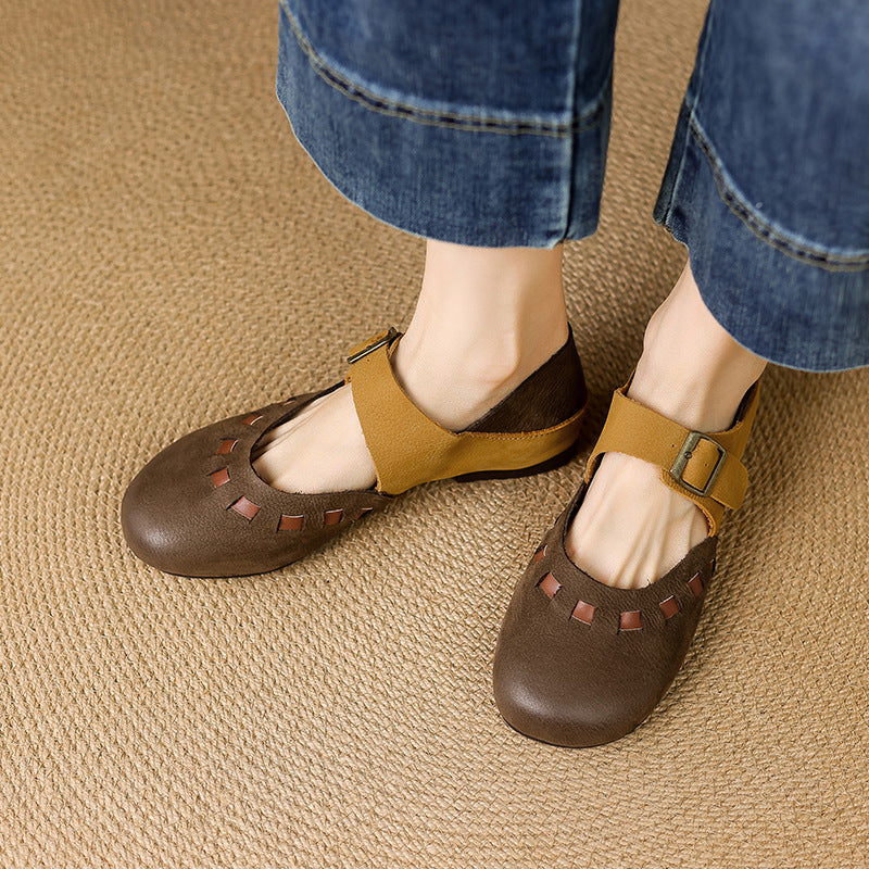 Distinctive Leather Mary Jane Flats Round Toe Buckle Strap Casual Shoes in Yellow Coffee/Yellow Brown