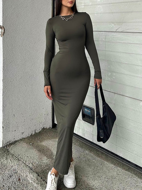 Bodycon Long Sleeves Solid Color Split-Joint Round-Neck Maxi Dresses