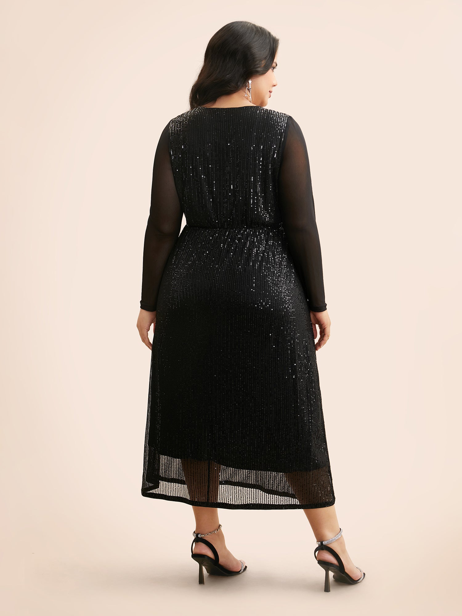 Crew Neck Patchwork Sequin Mesh Dress