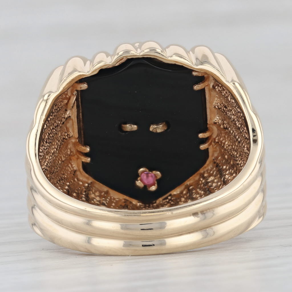 Flli Menegatti Lion Signet Coat of Arms Crest Ring Onyx Ruby 10k Gold Size 13.5
