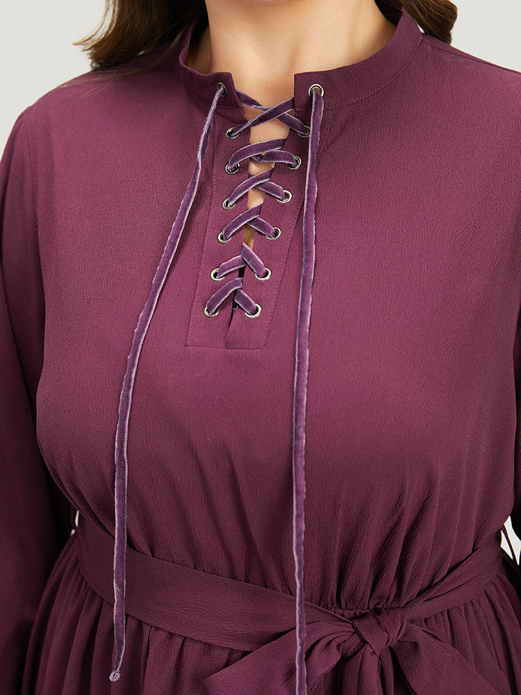 Halloween Plain Lantern Sleeve Belted Lace Up Asymmetrical Hem Dress