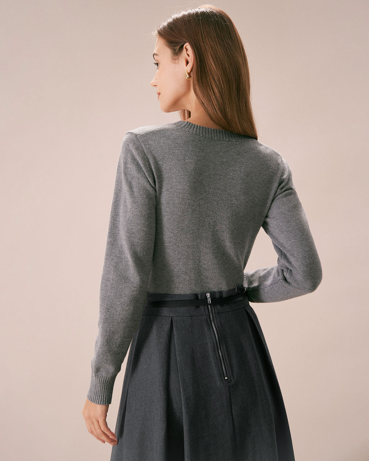 The Grey Crew Neck Cutout Ribbed Sweater