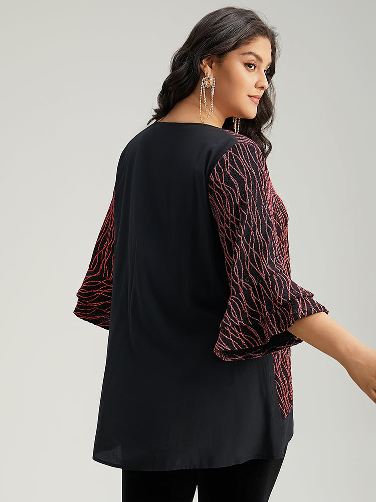 Lurex Layered Ruffle Sleeve Patchwork Blouse