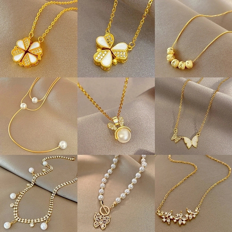 Fashion Flower Butterfly Titanium Steel Copper Pearl Plating Inlay Rhinestones Pendant Necklace 1 Piece