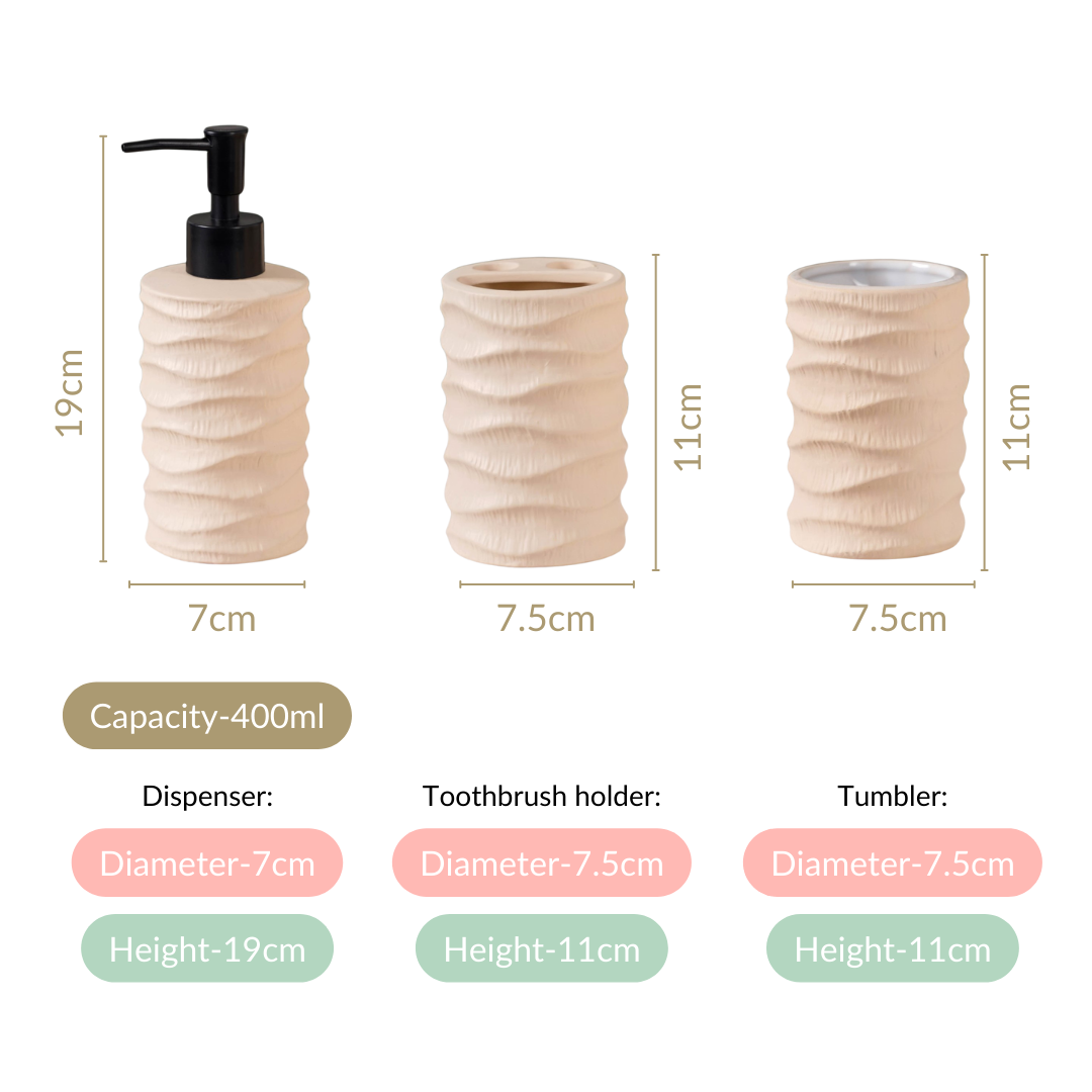 Wave Design Bathroom Accessories Set Of 3 Beige Matte