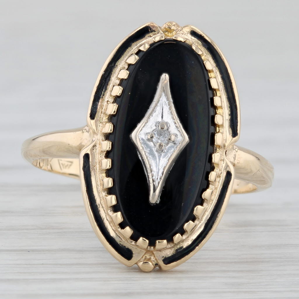 Vintage Oval Onyx Diamond Signet Ring 10k Yellow Gold Size 8