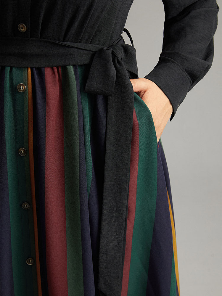 Colour Striped Patchwork Belted Button Through Dress