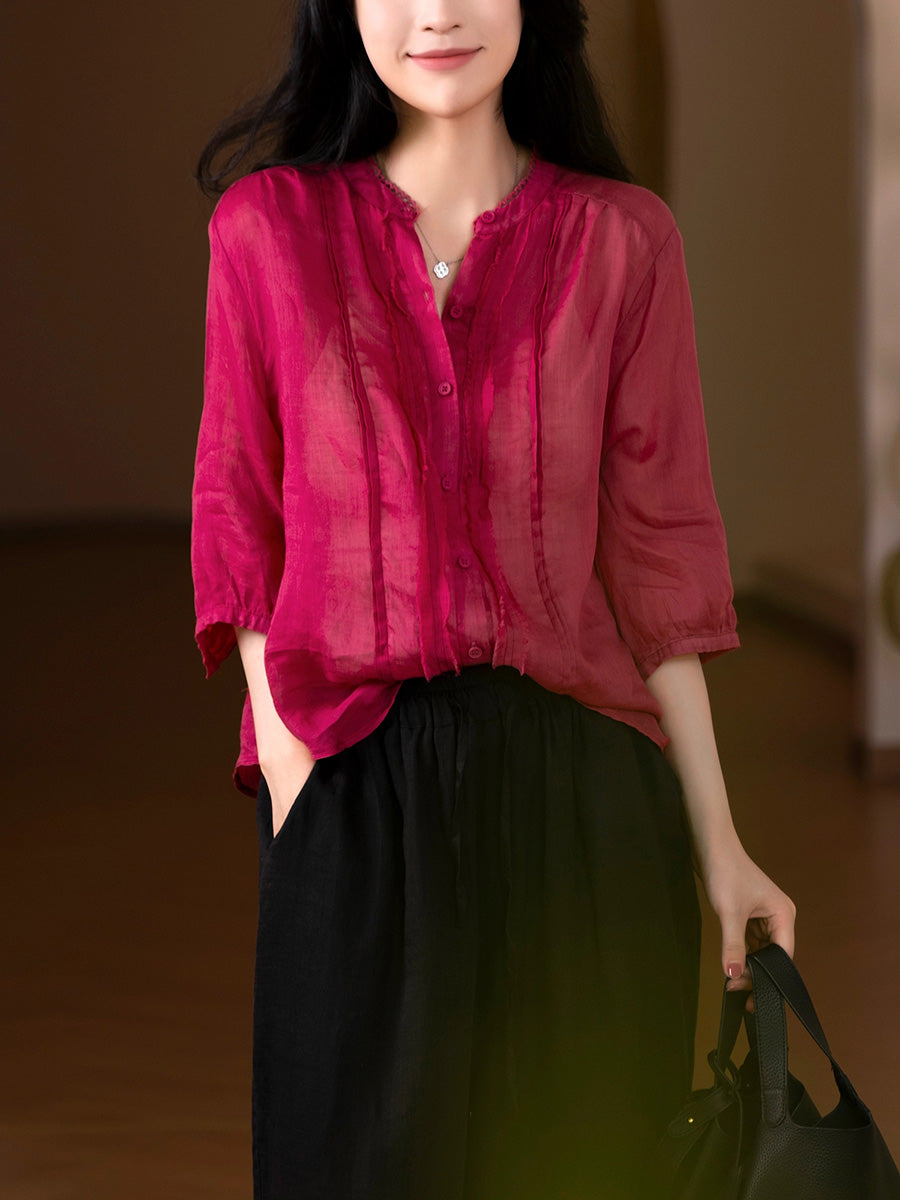 Women Summer Artsy Pure Color 100%Ramie V-Neck Shirt