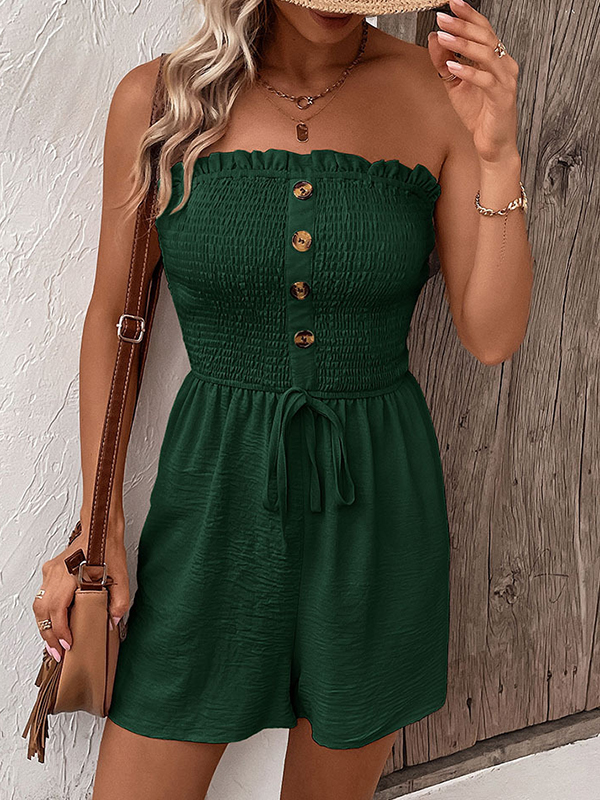 Loose Plus Size Buttoned Drawstring Elasticity Pockets Split-Joint Tube Rompers
