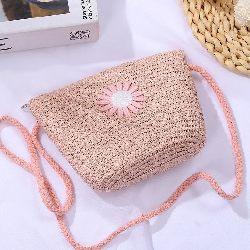 Women's Mini Straw Daisy Vintage Style Round Zipper Straw Bag