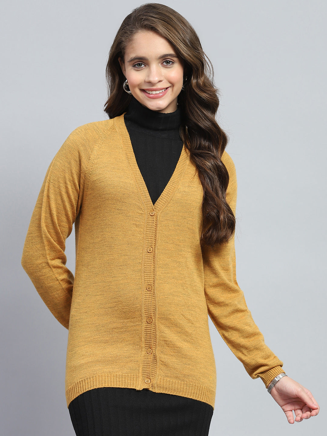 Women Yellow Solid V Neck Full Sleeve Cardigan