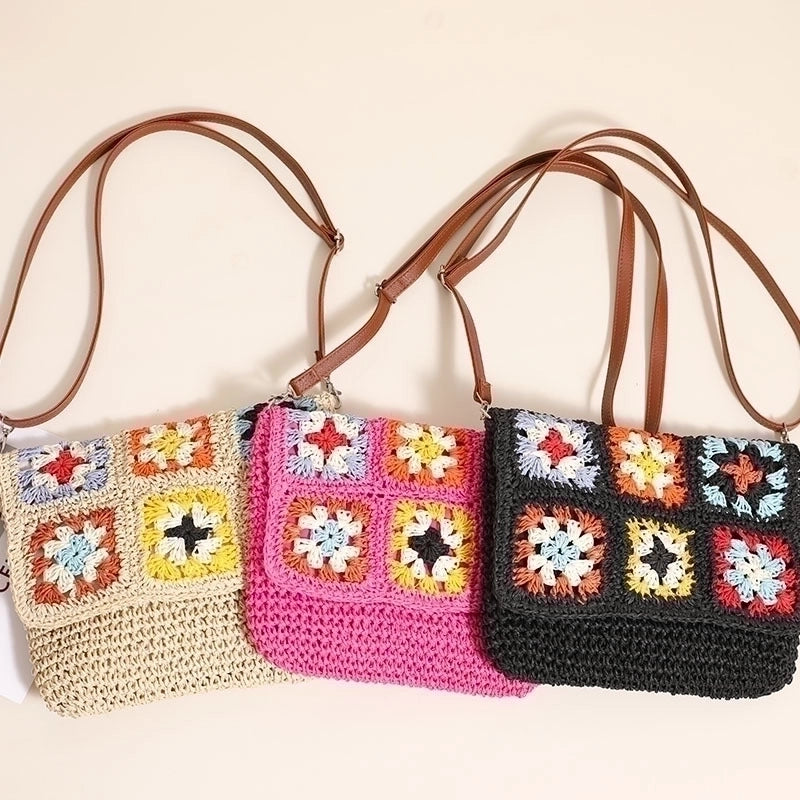 Women's Medium Straw Color Block Vintage Style Classic Style Square Magnetic Buckle Straw Bag